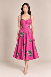 FUCHSIA FLORAL A-LINE MIDI DRESS