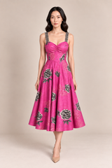 FUCHSIA FLORAL A-LINE MIDI DRESS