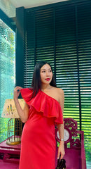 One-Shoulder Ruffle Midi Dress