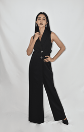 Black Collar Overlap Jumpsuit