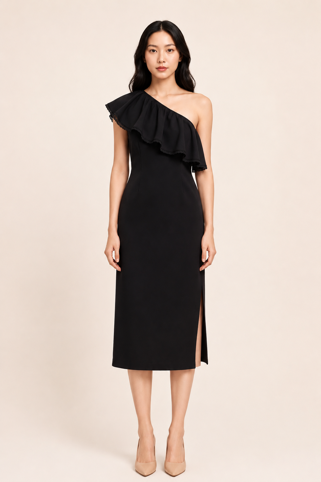 One-Shoulder Ruffle Midi Dress