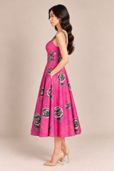 FUCHSIA FLORAL A-LINE MIDI DRESS