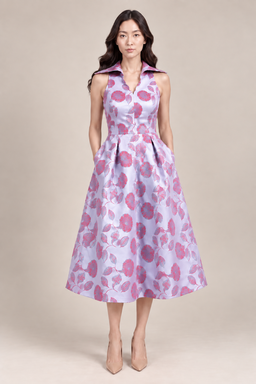 FLORAL JACQUARD COLLAR DRESS