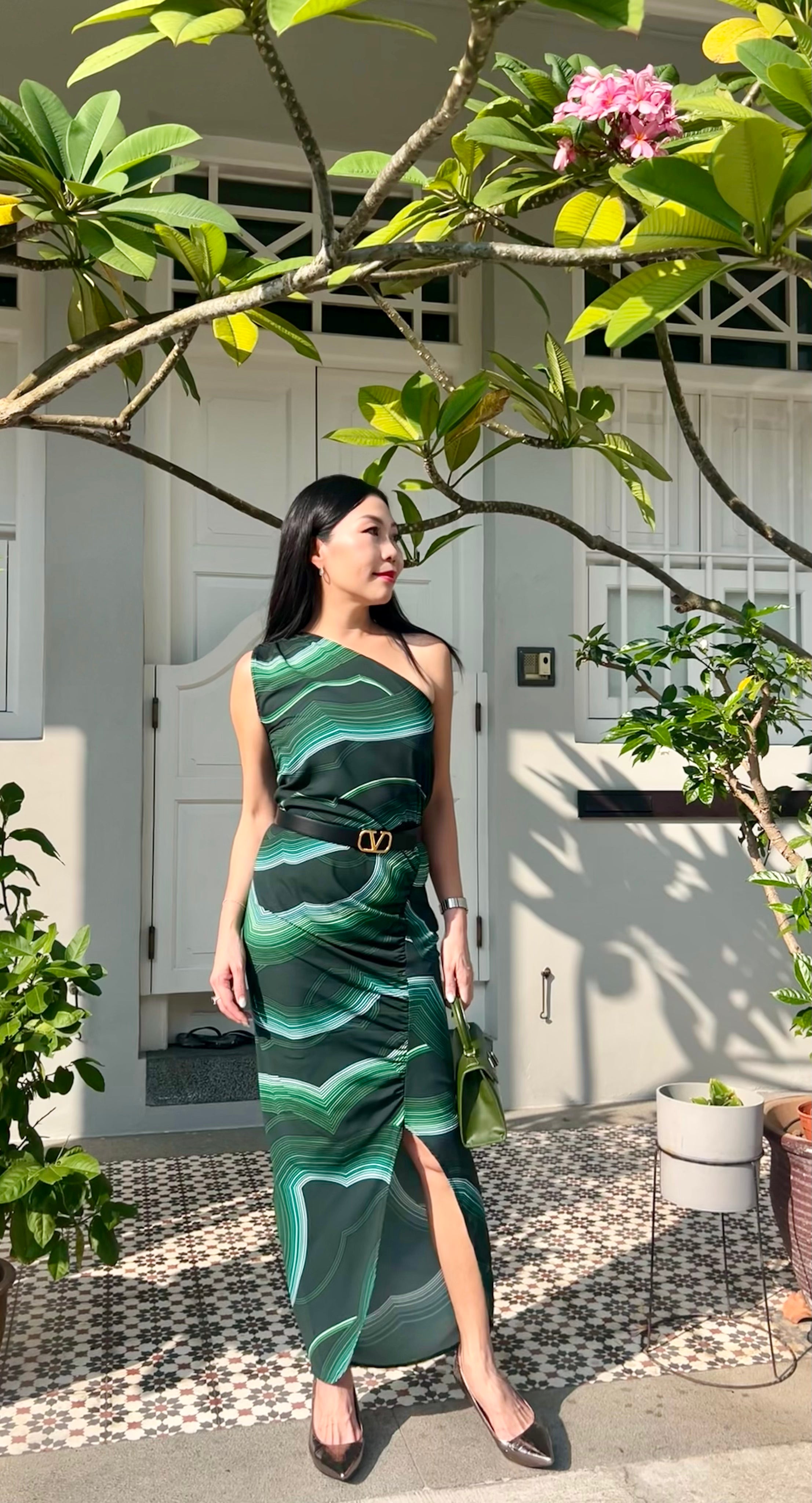 Emerald Wave One-Shoulder Dress