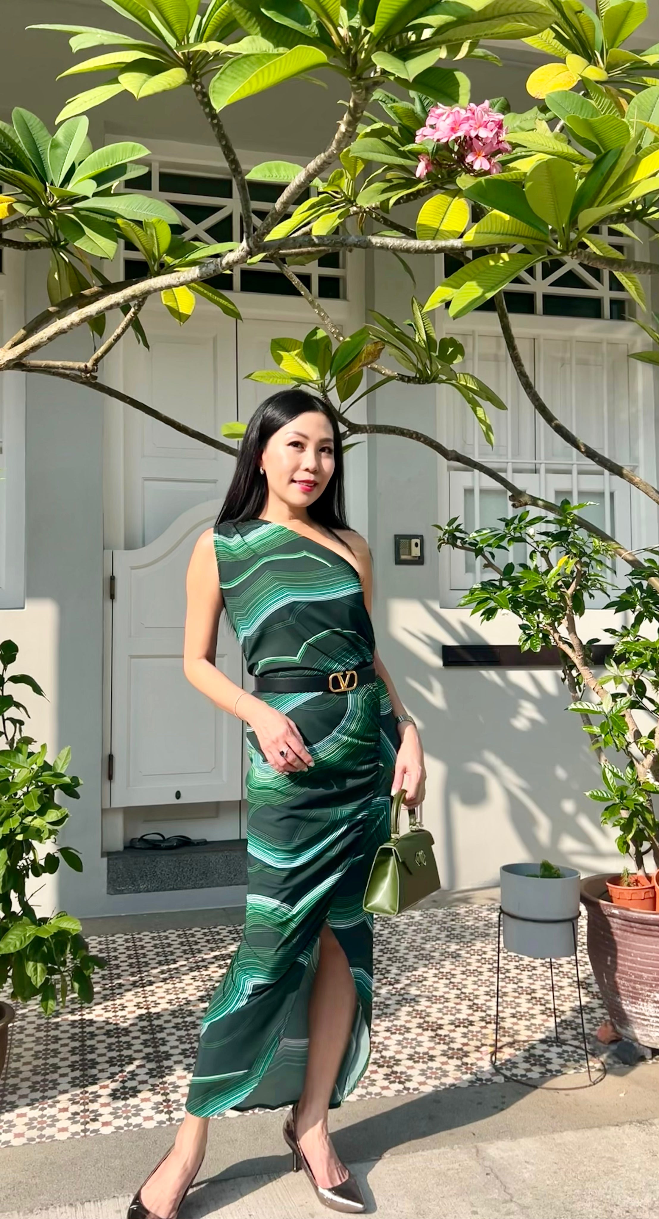 Emerald Wave One-Shoulder Dress