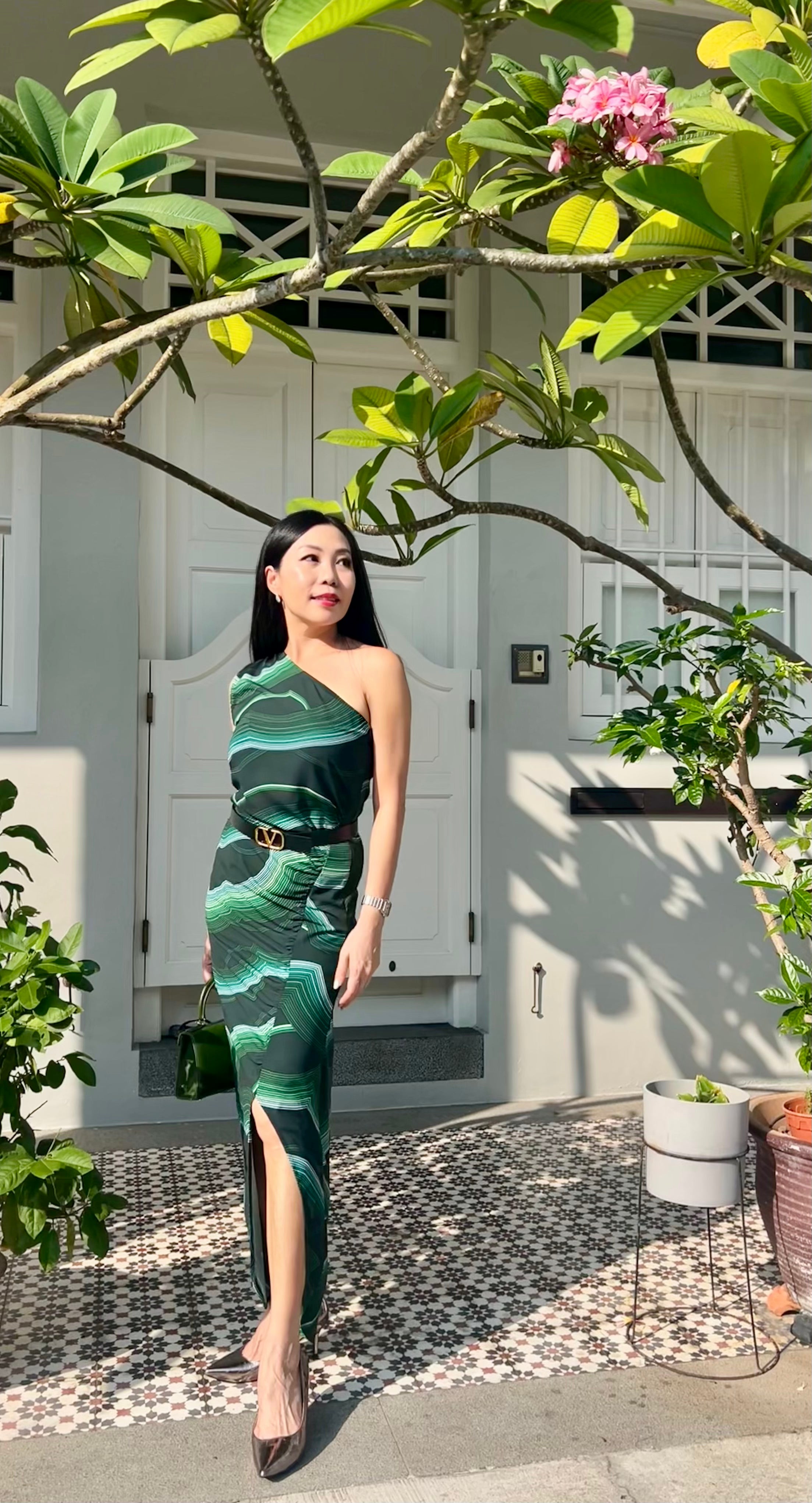 Emerald Wave One-Shoulder Dress