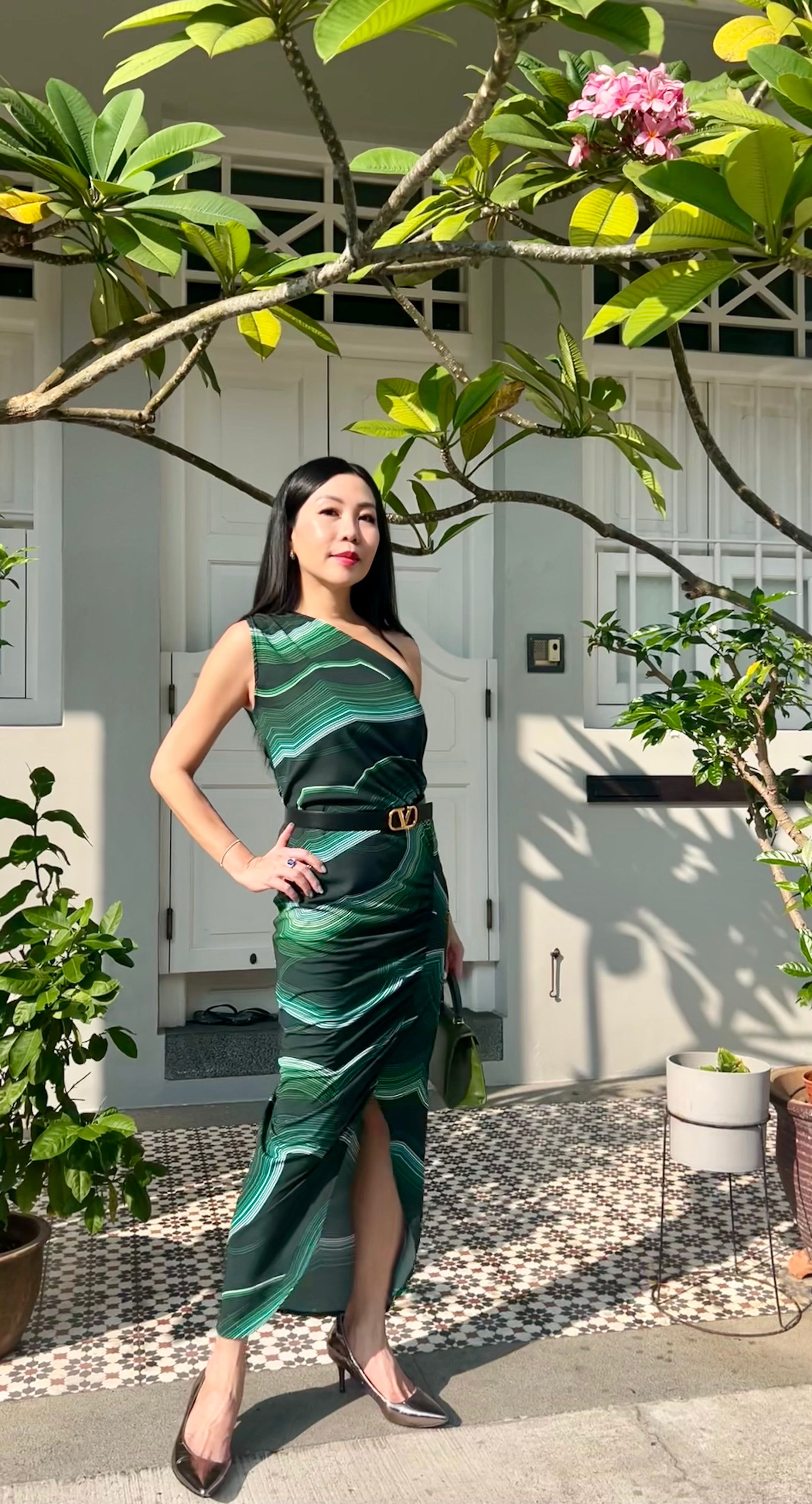 Emerald Wave One-Shoulder Dress